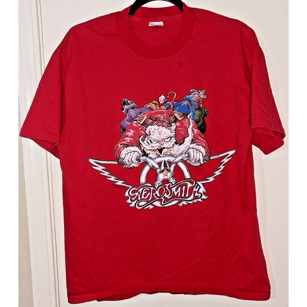 Vintage 90s Aerosmith Christmas T-Shirt L Santa Claus Band Tee Double Sided